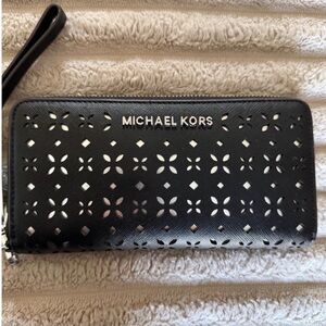 Michael Kors Black Perforated Leather Zip-Around Wallet with Wristlet